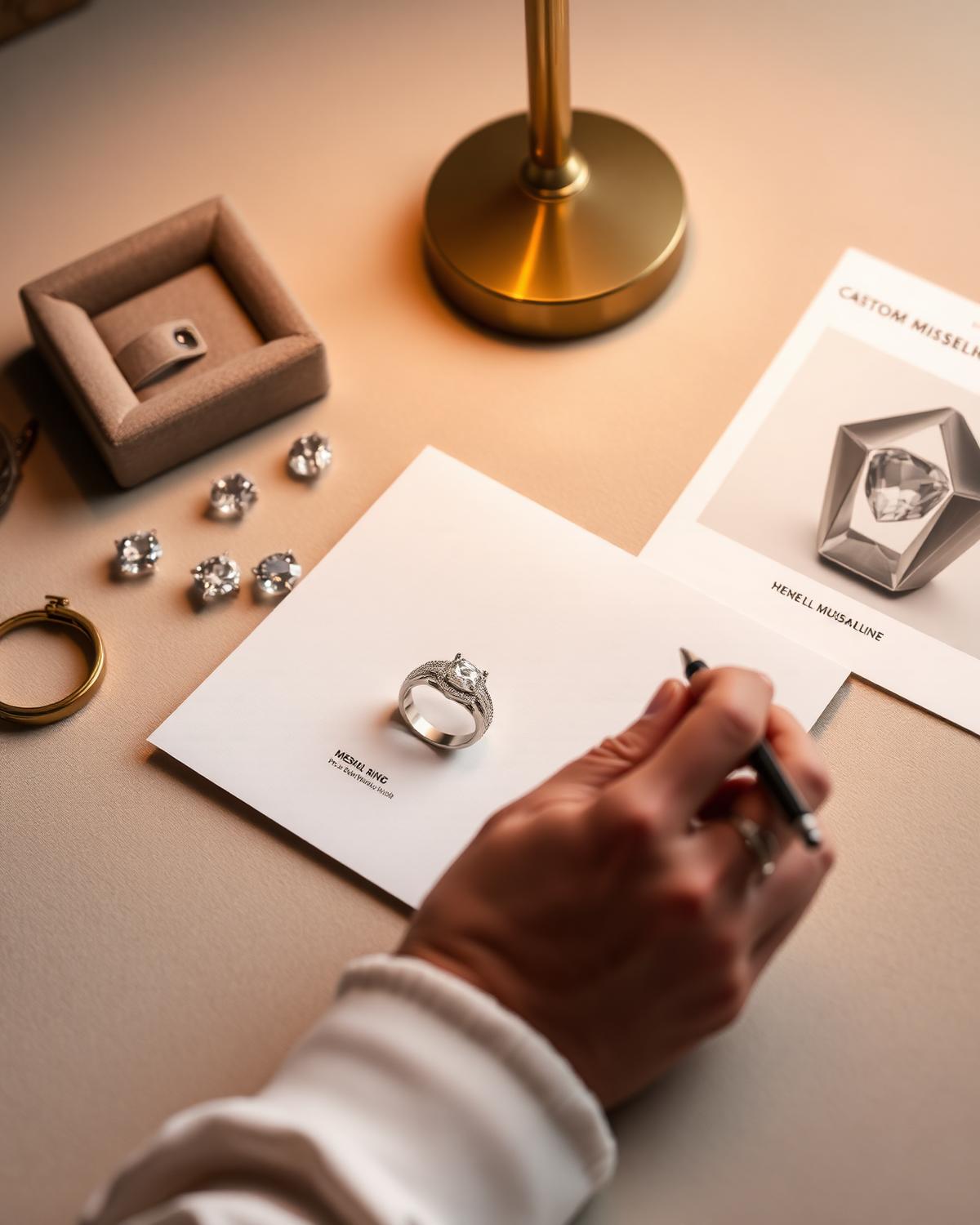 Jeweler sketching a custom moissanite ring design